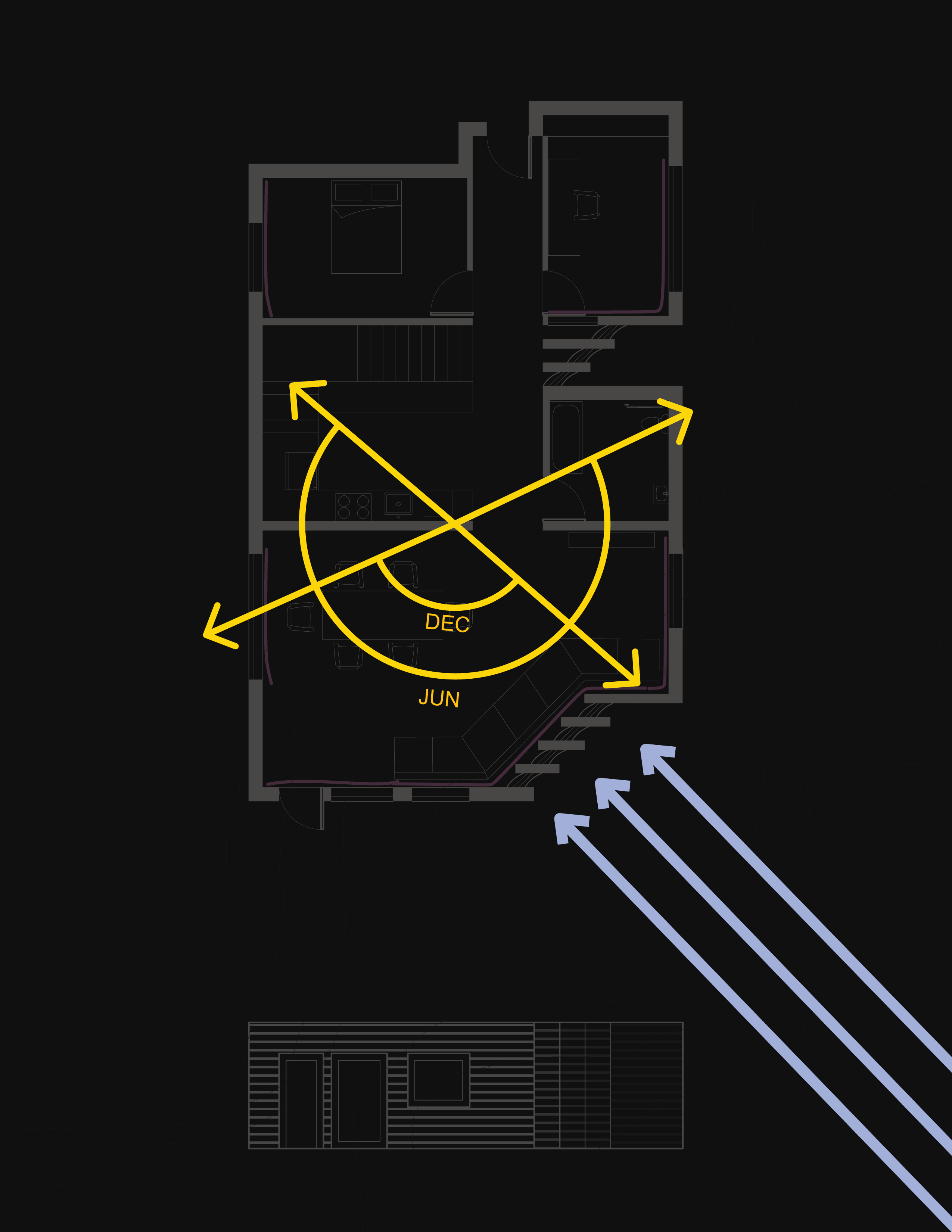 A diagram overlaid on the plan showing the sound of the dam and the sun. 