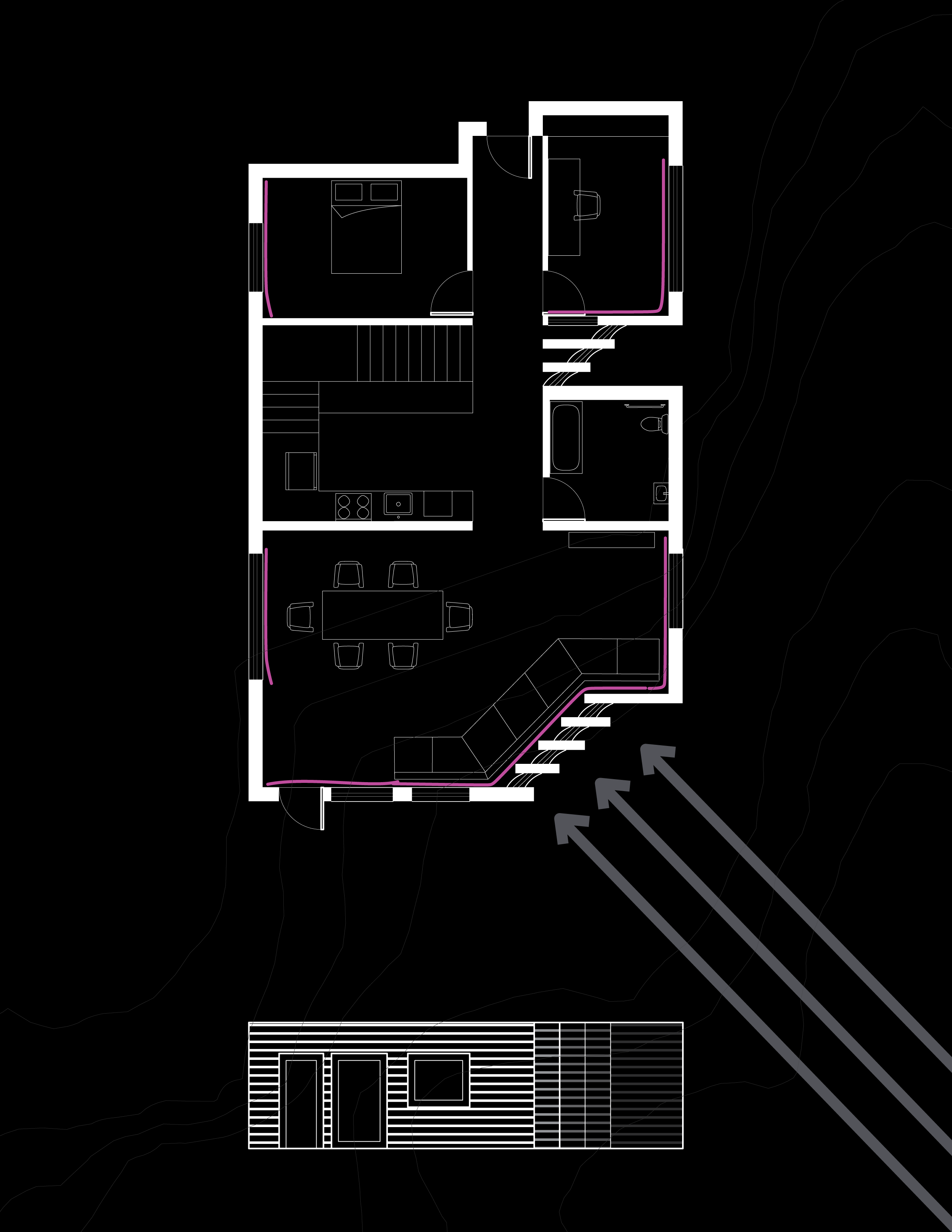 A floor plan of the house at Perkins. It has a straight interior hallway that leads past a guest bedroom, studio, kitchen, living space, and bathroom. Throughout the house are different types of windows that filter light and sound. 