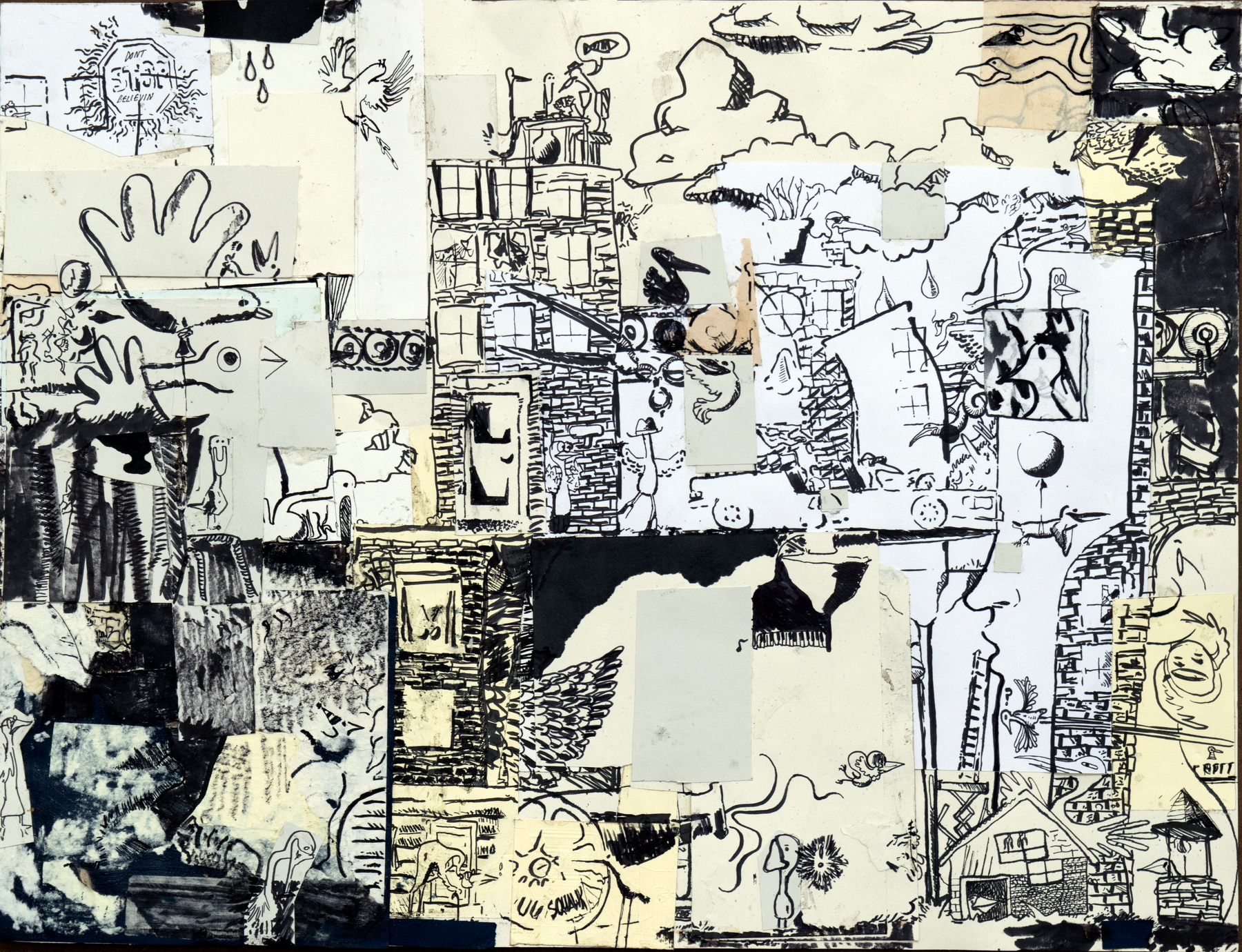 This is an old drawing I did called "Bird Town" which is basicallly a chaotic town with a lot of birds. For your sanity and mine I'm not going to describe all of it. It's a very complex image. But suffice to say, it is a very compplicated image with a lot of birds doing a lot of different things. 