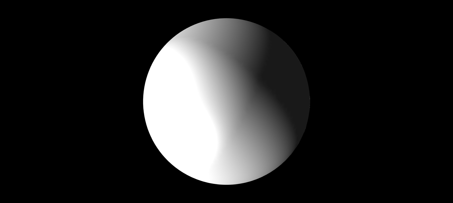 A white, perfectly smooth, spherical rock. It's surface is unmoving, or perhaps, roiling in motion so fast as to be invisible. There is no difference between materials. There is shadow raking across its surface which catches on nothing. 