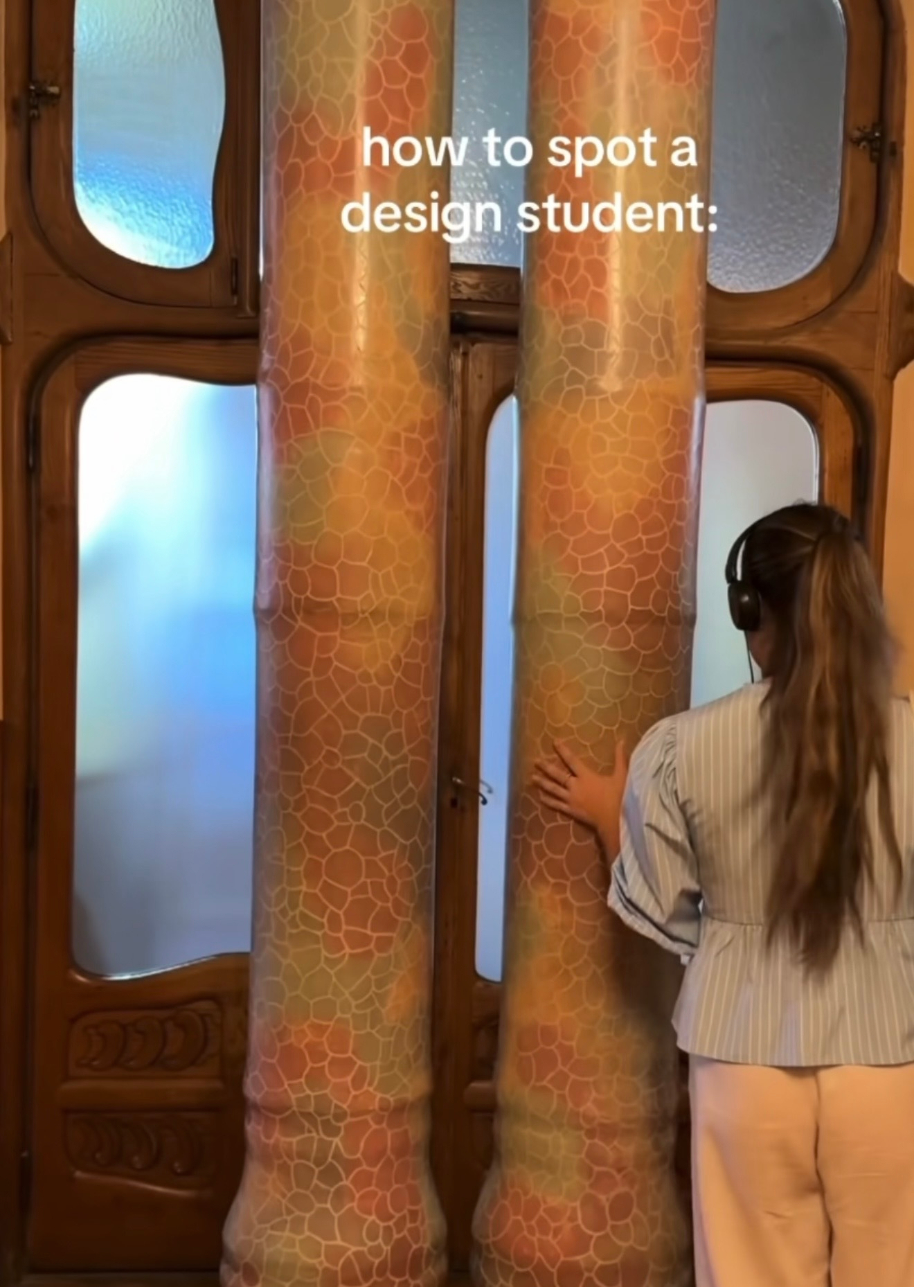 A person wearing headphones is touching two colorful, textured columns with a humorous caption about design students above.
