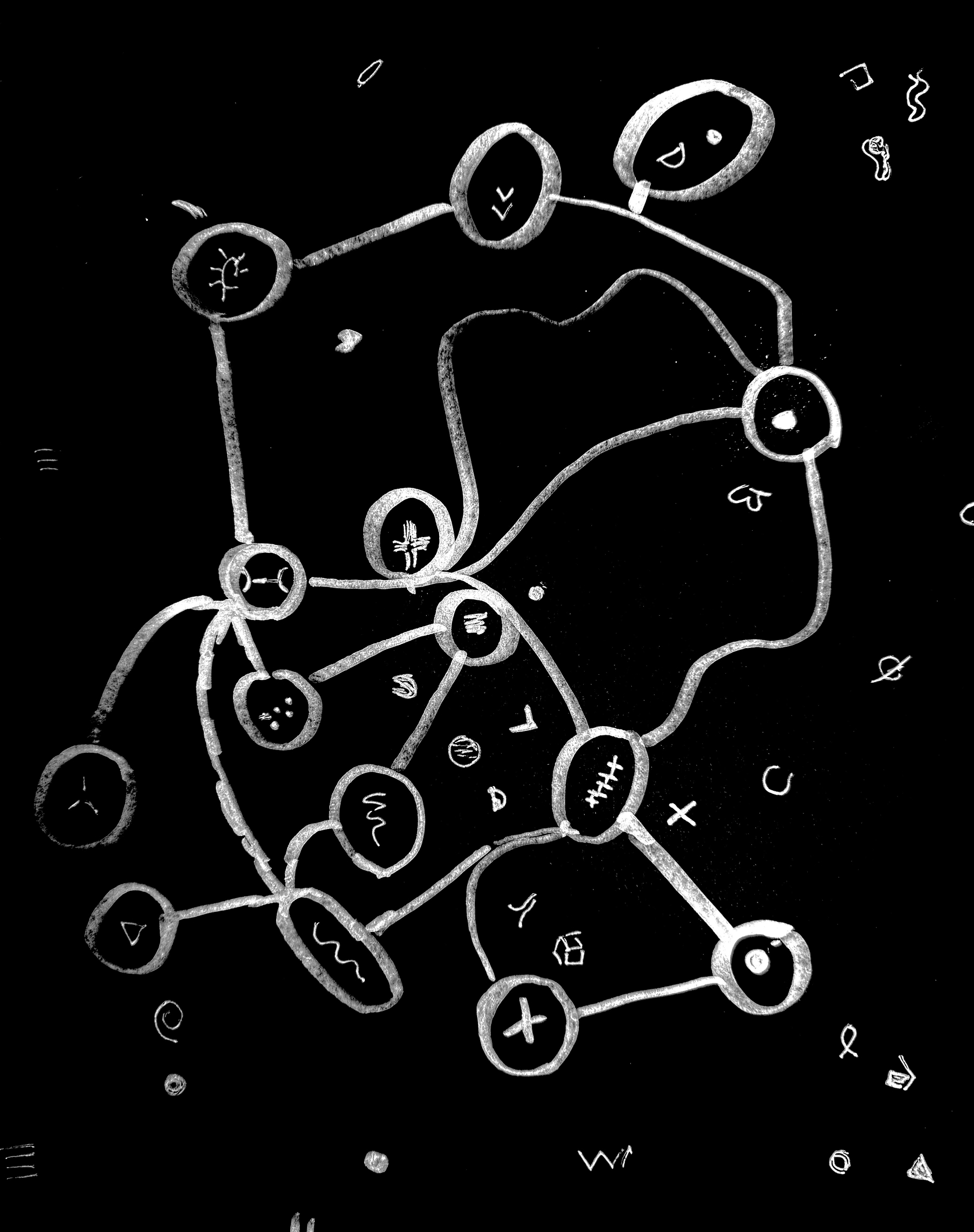 Points on a map, circled stars, floating symbols, all in the deepest darkest night.