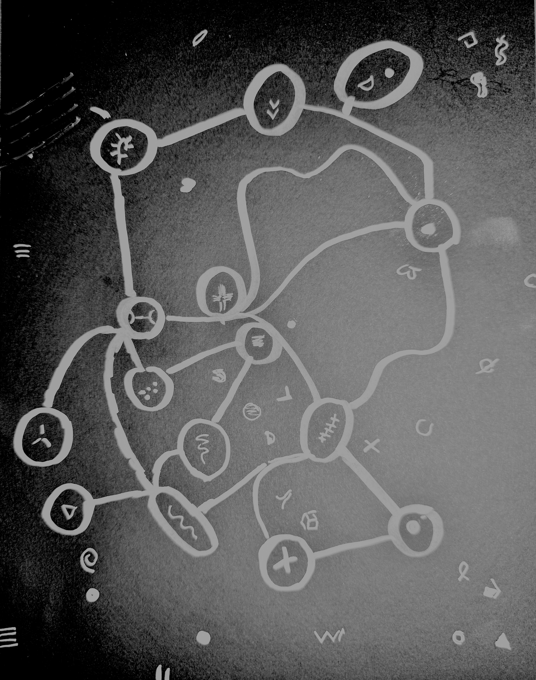 Points on a map, circles and lines, all the hazy background of the collective light of many tiny stars.