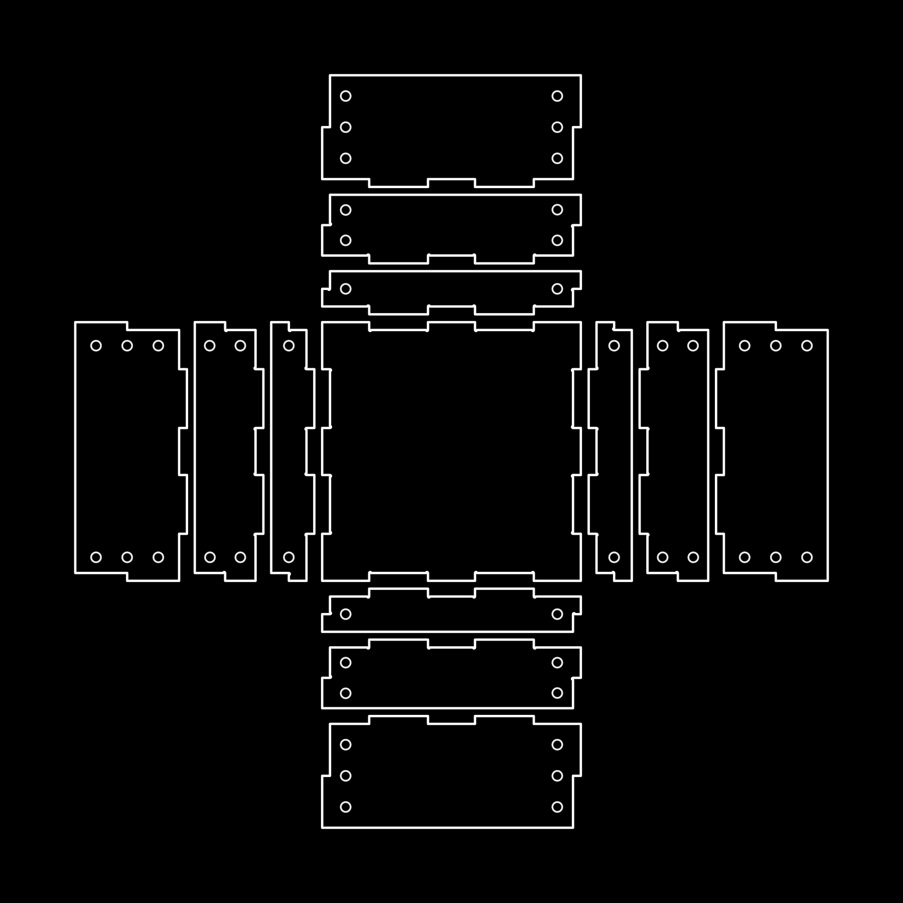 A white-lined drawing of the flat pieces of a piece of furniture. It's a box, which can be used as a table or to prop up a piece of furniture. It's actually 33 by 33 inches, which is the size of this small foam floor-couch that I have. So if you attach two of these together it could hold up the couch. And the side piece has three different possible heights, so it can be a low, medium, or high box. The whole thing is design to be put together with tension cords and assembled or disassembled like a puzzle, without any glue or nails. Oh, and of course the dogbone joint is when the CNC, which is a spinning router, cuts the wood it creates a circular cut. This is a little hard to describe just through an image description so maybe there's a way you can actually find a piece of wood cut by a CNC to really feel this... But the dogbone is a dogbone shaped joint, which is meant to deal with that. It's sort of like the icon of a dogbone, but it's just the easiest shape to cut that allows for a flush joint. So the point of the caption is: stop worrying about trying to find some way to prevent a dogbone joint and just use the joint, because it's going to make your life so much easier. Whew, that was hard to describe, hopefully I can be more clear and concise next time *wink* 