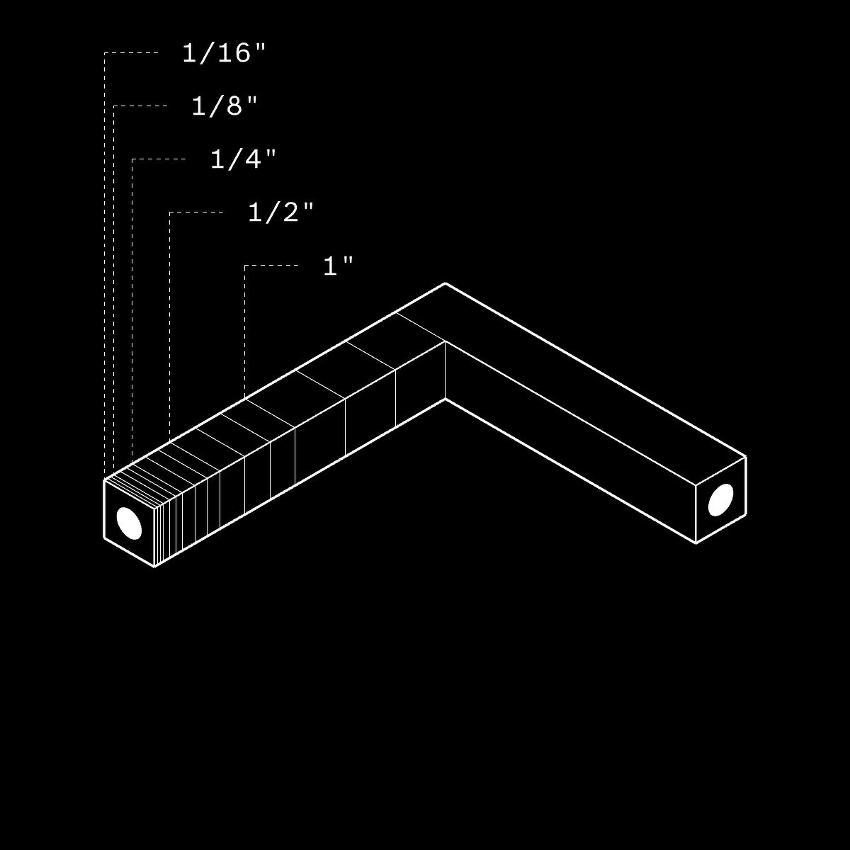 A diagram of an L-shaped object with markings showing incremental sections measuring 1/16, 1/8, 1/4, 1/2, and 1. 