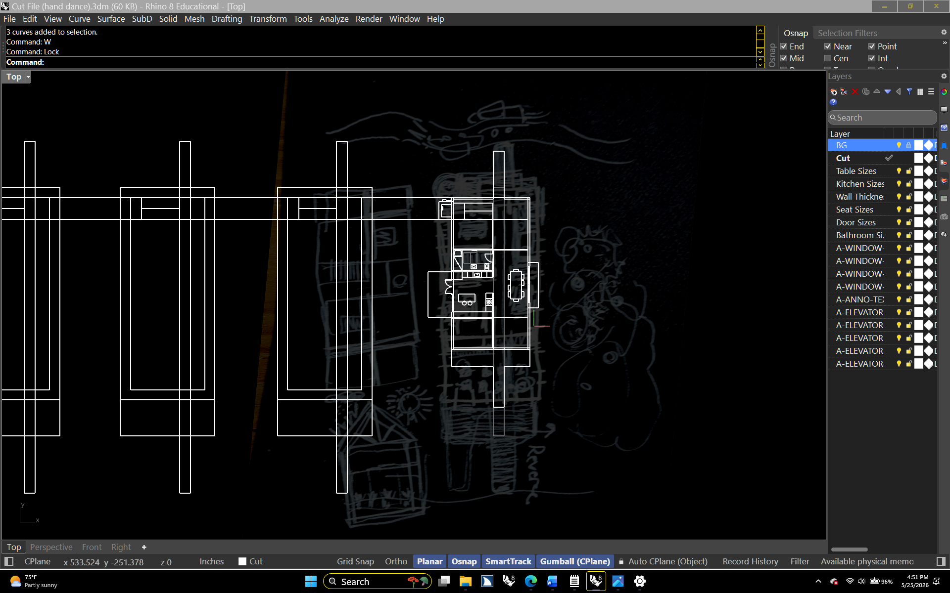 A wireframe model is displayed on a dark-themed computer screen in Rhino. The draawing is tightening up and some small changes have started.